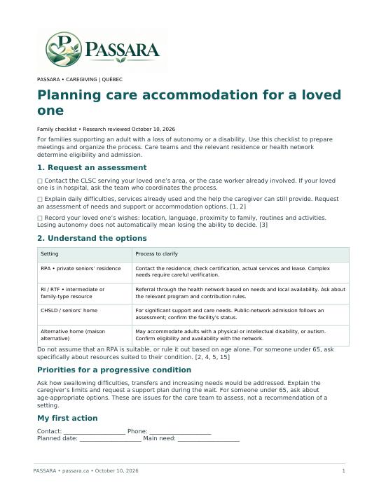 First page of the PASSARA care accommodation checklist